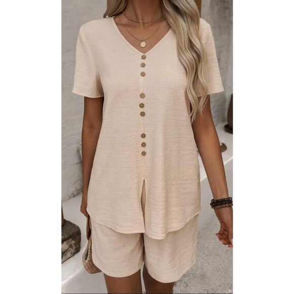 Shein Emery Rose V Neck Button Decorated Loose Top and Short 2 Piece Set - Picture 1 of 3